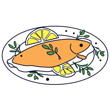 A brown trout fillet cooked to a golden brown, placed on a white ceramic plate. The dish is garnished with thinly sliced lemon wedges arranged neatly around the fish. Sprigs of fresh green herbs, such as parsley and dill, are sprinkled on top and scattered around the plate for a touch of color. A drizzle of olive oil glistens on the surface of the fish, enhancing its appearance.