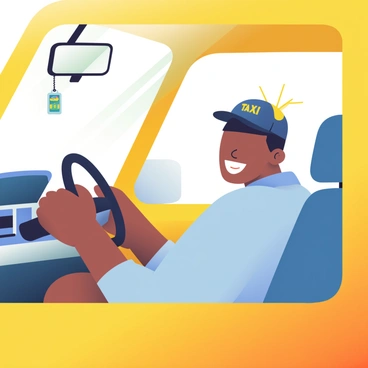 A friendly taxi driver smiling while sitting in the driver's seat