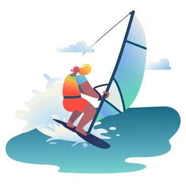 A windsurfer is seen gliding across the water, catching a large wave with the wind at their back. The windsurfer has medium skin and is wearing a bright red wetsuit. Their hair is flowing with the wind as they expertly balance on the board. The sail is a vibrant blue, capturing the sunlight and creating a striking contrast against the deep blue ocean. In the background, white foam from the cresting wave can be seen splashing around, while the horizon features wispy clouds against the sky. The water is a mix of turquoise and navy, reflecting the clear weather and the dynamic movement of the scene.