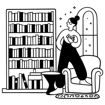 A vintage-styled librarian with a bun hairstyle is standing beside a tall wooden bookshelf filled with a variety of gothic books. The librarian is wearing a long, flowing dress and glasses, holding an open book in one hand while sorting through the collection with the other. The cozy reading room features a large, warm armchair next to a small round table stacked with books and a flickering candle. A patterned rug lies on the wooden floor, and there are large windows allowing light to filter in, illuminating the dust motes in the air.