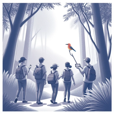 A group of tourists is walking through a dense jungle. They are surrounded by tall, leafy trees with intricate branches and a thick canopy overhead. The ground is covered with a variety of lush green plants and ferns. Each tourist carries a small backpack and is wearing comfortable hiking attire. One of the guides is pointing towards a colorful bird perched on a branch, while another guide is holding a tablet that displays information about the flora and fauna. Sunlight filters through the leaves, creating a dappled effect on the ground. A few tourists are taking photographs, capturing the vibrant wildlife and the immersive environment around them.