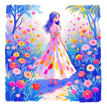 Anjelica is standing gracefully in a blooming garden filled with an array of vibrant flowers in various colors. She is wearing a floral dress that features patterns of colorful petals, harmonizing beautifully with the surrounding blossoms. The garden is lush, with green foliage and flowers in full bloom, creating a rich tapestry of colors. Sunlight filters through the leaves, casting delicate shadows on the ground around her. Anjelica's pose is elegant, accentuating the flow of her dress as she gazes softly into the distance.