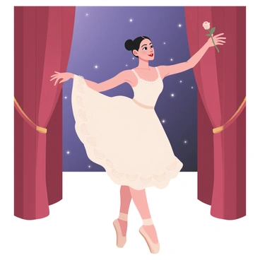 A digital flat illustration featuring a graceful dancer in mid-pose. The dancer is wearing a flowing white ballet costume with intricate lace details and has her hair pulled back in a neat bun. She is positioned slightly off-center, showcasing her elegant form and outstretched arms. The stage backdrop includes rich red curtains drawn back, revealing a hint of a starry night sky. Soft lighting casts gentle shadows on the dancer, highlighting her posture. In one hand, she holds a delicate rose, which adds a touch of color to the scene. The overall composition emphasizes the poise and beauty of the dancer against the dramatic stage setting.