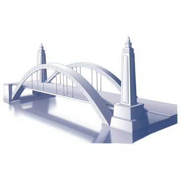 A bridge with sweeping curves and symmetrical designs. The structure features intricate geometric patterns and decorative motifs characteristic of art deco style. Tall, elegant pillars support the bridge, showcasing elaborate detailing. Beneath the arches, the bridge spans over a river, with reflections of the intricate designs appearing on the water's surface. The scene includes a clear sky above, emphasizing the architectural beauty of the bridge.
