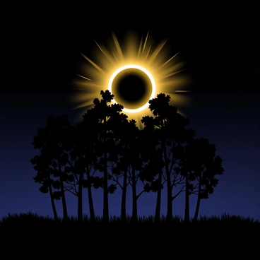A silhouette of tall, leafy trees stands prominently in the foreground. The trees have intricate branch patterns reaching upwards. In the background, a dark sky dominates, with a large, golden ring representing the solar eclipse glowing brightly in the center. Faint rays of light emanate from the ring, creating a striking contrast against the deep blue and black of the sky. The overall composition captures the dramatic interplay of light and shadow, highlighting the natural beauty of the scene.