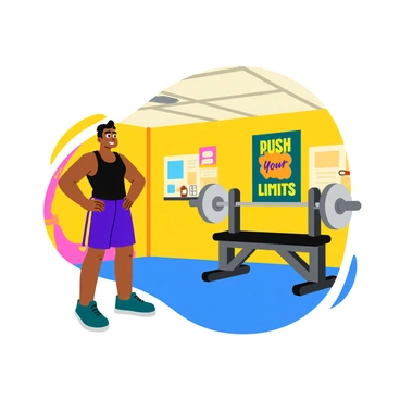 A fitness enthusiast stands in a bright gym, gazing at a motivational wall poster that features the phrase "Push Your Limits" in bold, dynamic lettering. The individual is wearing a fitted black tank top and vibrant blue workout shorts, with a determined expression on their face. In front of them, a sturdy bench press setup is ready for action, complete with a shiny set of weights on either side. The walls of the gym are adorned with colorful artwork and fitness-related imagery, creating an energetic atmosphere. The lighting is bright, highlighting the individual’s focused demeanor as they mentally prepare for their chest press exercises.