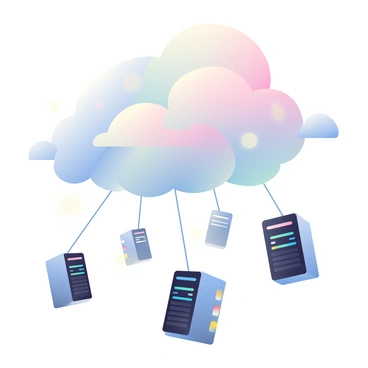 A series of sleek, metallic servers are floating in a digital sky filled with soft, pastel-colored clouds. Each server has colorful LED lights blinking along its edges, creating a vibrant contrast against the sky. The giant cloud above them is fluffy and expansive, with varying shades of blue and pink, gently glowing as if illuminated from within. Thin, shimmering cables extend from each server, connecting them to the giant cloud, resembling an intricate web that supports a network of data flow. The overall scene has a sense of depth and dimension, with the servers positioned at different heights, creating a layered effect in the composition.