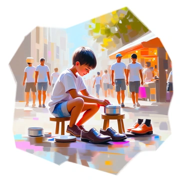 A young child with dark hair and a bright smile is polishing shoes for passersby in a bustling city square. The child is kneeling on a small wooden stool, surrounded by various pairs of shoes lined up in front of them. The child is wearing a simple, colorful shirt and denim shorts. A tin of shoe polish and a brush are placed beside them. In the background, people are walking by, some glancing curiously at the child. The square is lively, with street vendors and trees lining the area, adding to the vibrant atmosphere.