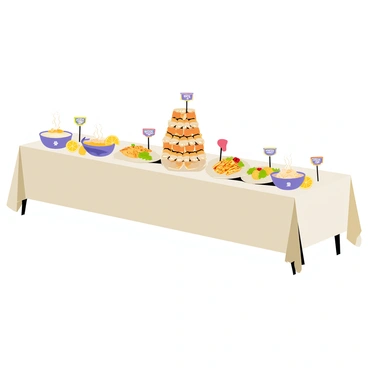 A long table covered with a crisp white tablecloth, displaying an array of various clam dishes. There are steaming bowls of clam chowder, glistening garlic butter clams on a serving platter, and vibrant clam pasta garnished with fresh parsley. In the center, a large seafood tower showcases clams arranged in a visually appealing manner, surrounded by lemon wedges and cocktail sauce. The table is adorned with small decorative signs labeling each dish, creating an inviting atmosphere for guests.