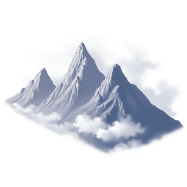 A range of towering mountains rises dramatically. The peaks are partially obscured by dense mist and clouds, creating an ethereal atmosphere. The rugged terrain is defined by steep slopes and rocky outcrops. The mist swirls around the mountains, enhancing their majestic presence. The scene conveys a sense of grandeur and mystery, inviting the viewer to wonder about the landscape hidden within the fog.