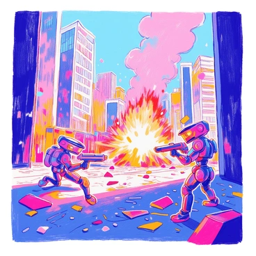 A group of futuristic robots is engaged in a firefight in the midst of a burning cityscape. The robots are metallic, with sleek designs and glowing elements, equipped with advanced weaponry. Flames erupt from several buildings around them, casting an orange and red glow on their surfaces. Smoke billows into the sky, creating a stark contrast with the darkened silhouettes of skyscrapers. Debris and shattered glass scatter across the ground, reflecting the chaos of the battle. The scene is filled with dynamic poses as the robots take cover and aim their weapons amidst the destruction.