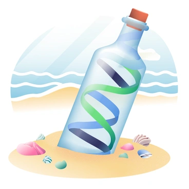 An RNA molecule is elegantly coiled and encapsulated within a transparent glass bottle that has washed ashore. The bottle is partially buried in fine, golden sand, surrounded by small, scattered seashells of various colors. The RNA strand is depicted in vibrant shades of blue and green, showcasing its intricate structure. Sunlight casts gentle reflections through the glass, creating glimmers on the surface of the bottle. In the background, soft waves lap at the shore, with hints of a clear blue sky visible above. The scene conveys a sense of discovery and intrigue, symbolizing hidden genetic messages from the ocean.
