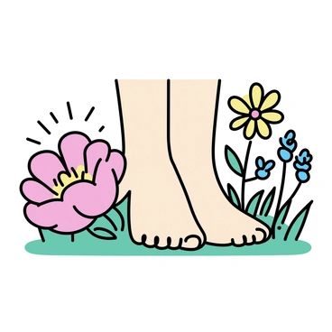 A pair of bare feet, with neatly trimmed toenails, rest on a patch of soft green grass. The toes are slightly curled and positioned so that they are partially hidden among an array of blooming garden flowers. The flowers include vibrant pink peonies, delicate yellow daisies, and striking bluebells, creating a colorful scene. Sunlight filters through the petals, casting gentle shadows on the grass beneath.