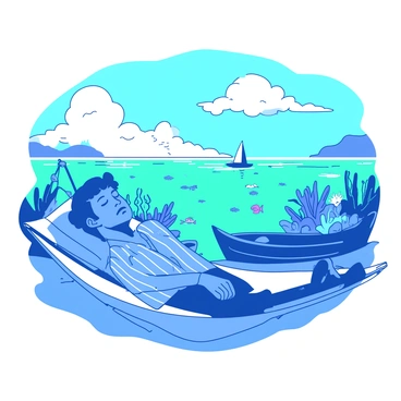 A blue fisherman wearing a striped shirt is lying on a white hammock, sound asleep with a peaceful expression. Above him, there are fluffy white clouds drifting slowly across a bright blue sky. Beside the hammock, a small wooden boat is anchored, and the shimmering water reflects the sunlight. In his dream, there is an underwater scene filled with colorful fish swimming energetically among vibrant coral reefs. The water in the dream has a soft teal hue, creating a striking contrast with the vivid marine life bustling within it.