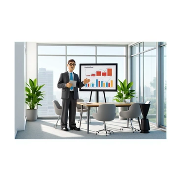 An insurance agent with light skin and short brown hair, wearing a charcoal gray suit and a blue tie. He is standing confidently in a modern office with glass walls and sleek furniture. In front of him is a large presentation screen displaying colorful charts and graphs related to insurance policies. The agent is gesturing towards the screen with one hand while holding a tablet in the other hand. The office is well-lit with natural light coming through the windows, and there are potted plants in the corners, adding a touch of greenery to the space.