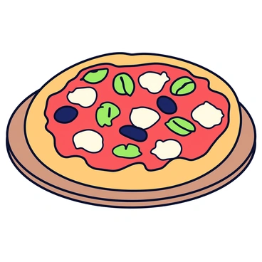 A freshly baked pizza with a golden-brown crust. The pizza is topped with a rich tomato sauce and generously sprinkled with melted mozzarella cheese. Anchovies are placed evenly across the surface, accompanied by dark green olives. Bright green basil leaves are scattered over the top, adding a fresh touch. The pizza is placed on a wooden cutting board, with a few olive oil drizzles around it.