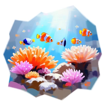 A vibrant coral reef is bustling with life, showcasing a variety of coral formations in shades of orange, pink, and purple. Brightly colored fish swim throughout the scene, including yellow tangs, clownfish with their orange and white stripes, and blue parrotfish. Sea creatures such as starfish, sea urchins, and anemones are scattered among the corals, adding to the diversity of the ecosystem. Sunlight filters through the water, casting shimmering patterns on the reef and illuminating the intricate details of the marine habitat.