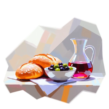 A classic still life arrangement featuring a rustic bowl filled with dark green and black olives. Next to the bowl, there is a freshly baked loaf of bread with a golden crust, resting on a wooden surface. A clear glass jug filled with deep red wine is positioned nearby, reflecting light. The composition is thoughtfully balanced, with the olives, bread, and jug creating an inviting and harmonious display.