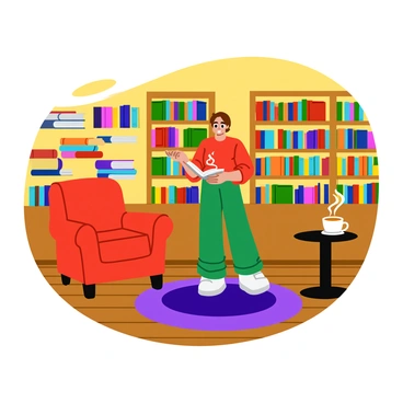 An individual with short brown hair is browsing through a variety of colorful books on a wooden shelf in a cozy, quaint bookstore. The warm lighting illuminates the room, creating a welcoming atmosphere. Shelves filled with books of different sizes and covers surround the person. There is a small table nearby with a steaming cup of coffee resting on it. A plush armchair sits in the corner, inviting readers to relax. A decorative rug covers the wooden floor, adding to the charm of the space.
