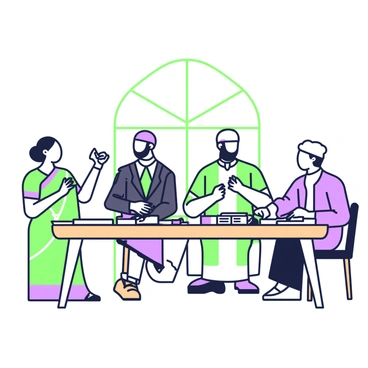 A group of leaders from different faiths is gathered around a large wooden table. Each leader is dressed in their traditional attire, symbolizing their respective faith. To the left, a woman in a bright colored sari is engaged in conversation, her hands animated as she shares her ideas. Next to her, a man in a dark suit is taking notes on a notepad, showing his attentiveness. Across from him, a religious leader in a robe and head covering is sharing a thoughtful perspective, while another leader in a clerical collar nods in agreement. The table is covered with documents and brochures, each representing various community initiatives. In the background, a large window allows natural light to fill the room, enhancing the atmosphere of collaboration and unity.