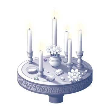 An altar dedicated to Virgo, featuring several lit candles of varying heights arranged in a circular pattern. The candles emit a soft glow, illuminating the space around them. Surrounding the altar are clusters of white flowers, delicately placed to enhance the serene atmosphere. A small vase holds the flowers, accentuating their purity. The altar is made of natural wood, with intricate carvings that reflect earthy patterns. Crystals and small symbols associated with Virgo are scattered among the candles and flowers, creating a cohesive design.
