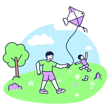 A child is standing in a grassy park, holding a string attached to a kite shaped like a goldfish. The kite is soaring high in the blue sky, with its fins and tail trailing gracefully. The child, wearing a bright t-shirt and shorts, has a joyful expression on their face as they run forward, pulling the string. Nearby, there are scattered trees casting shadows on the ground, and a few colorful flowers blooming around the base of the trees. In the background, other children can be seen playing, with a clear horizon visible beneath a few fluffy clouds.