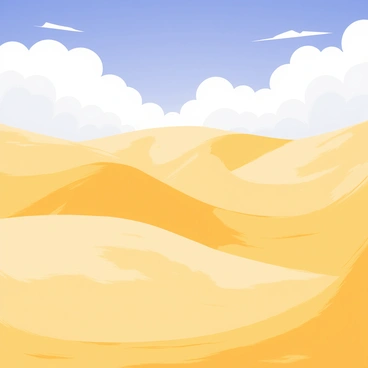 A vast desert landscape depicting the Sahara, with rolling dunes that take on the appearance of gentle ocean waves. The sand is a golden hue, shifting in texture and form, creating the illusion of water. In the foreground, small mounds of sand rise and fall like waves, while larger dunes can be seen in the background, sculpted to resemble a sandy shoreline. The sky above is a vibrant blue, with fluffy white clouds scattered throughout, enhancing the surreal atmosphere of the scene. Sunlight casts warm tones across the sandy waves, creating a shimmering effect that mimics the reflection of water.