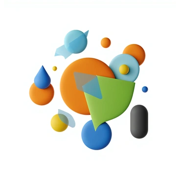 A collection of abstract shapes in various vibrant colors, including blue, orange, green, and yellow, arranged dynamically on a clean white background. The shapes include circles, triangles, and polygons, overlapping and intertwining to convey a sense of movement and energy. Some shapes have gradients, while others feature solid colors, enhancing the visual interest. The composition suggests creativity and innovation, making the arrangement suitable for a business proposal presentation.
