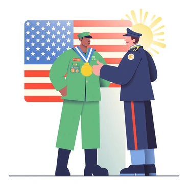 A soldier with a short haircut and wearing a green military uniform stands proudly in front of an American flag. The soldier's chest is adorned with various badges and a shiny gold medal is being pinned onto their uniform by a commanding officer. The officer, dressed in a dark uniform, is smiling and looking at the soldier with admiration. The background features a simple podium where the award ceremony is taking place, and there are bright sunlight rays illuminating the scene. The atmosphere conveys a sense of honor and respect.