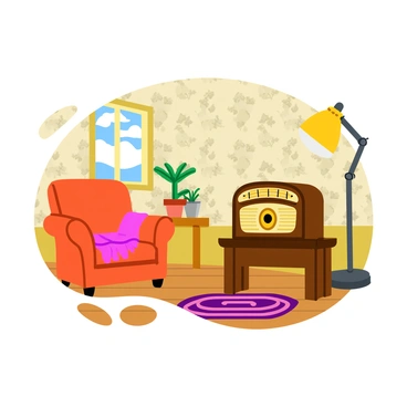 A vintage radio set with a wooden exterior and a curved top sits prominently on a small wooden table in an old-timey living room. The radio features a dial with ornate markings and a fabric speaker grille. The living room is decorated with floral patterned wallpaper and has a cozy armchair with a knitted blanket draped over it. A small potted plant rests on a windowsill, and a classic floor lamp stands next to the armchair, casting a warm light. A patterned area rug covers the wooden floor, completing the atmosphere of nostalgia.