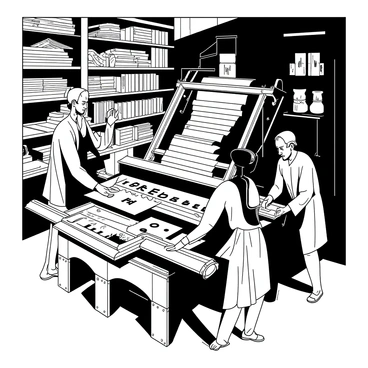 A group of four workers operates a large Gutenberg press in a dimly lit workshop filled with wooden shelves stacked high with parchment and ink pots. The first worker is focused on feeding sheets of parchment into the machine, while the second worker carefully arranges movable type letters in a tray. A third worker is seen pulling the large lever of the press with determination, and the fourth worker is inspecting freshly printed sheets, holding them up to the light. The atmosphere is bustling with activity, showcasing the historical significance of producing the first printed books.