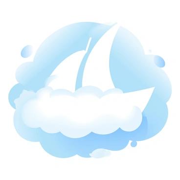 A fluffy white cloud in the shape of a sailboat is drifting across a clear blue sky. The cloud has soft, rounded edges and distinct sail shapes rising upward. The blue sky is vibrant and smooth, with no other clouds in sight. Sunlight casts a gentle glow on the cloud, highlighting its texture and form. The overall scene conveys a sense of calm and tranquility.