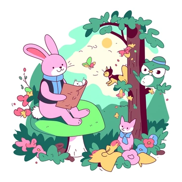 A pink rabbit wearing a blue vest is sitting on a large green mushroom, holding a small map. Nearby, a yellow squirrel with a red scarf is climbing down a tree, looking curiously at a group of butterflies. A teal fox wearing a small hat is playfully chasing the butterflies, while a white owl perched on a branch is watching the scene with keen interest. In the background, vibrant flowers bloom and the sun filters through the leaves, creating a lively atmosphere in the forest.