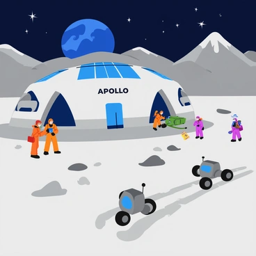 A lunar base named "Apollo" with a sleek, futuristic design featuring large domes and solar panels. In the foreground, a group of scientists in bright spacesuits is engaged in research, examining lunar rocks and samples. Nearby, several rovers with unique designs are traversing the gray, dusty surface of the moon, leaving tracks behind them. The background showcases rugged lunar mountains and craters under a starry sky, with the Earth visible in the distance.