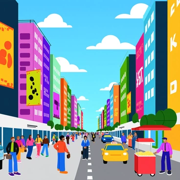 A bustling city scene filled with tall buildings designed to resemble large "film reels" and "movie cameras." The buildings stand prominently against a bright blue sky, with fluffy white clouds scattered throughout. Crowds of people walk along the sidewalks, some carrying "popcorn" and "soda." Colorful banners featuring "film posters" hang from the sides of the buildings, adding vibrancy to the atmosphere. In the foreground, a street performer entertains a small group of onlookers with a "magic trick," while a nearby hot dog cart is busy serving customers. Cars and taxis move along the street, adding to the lively urban environment.