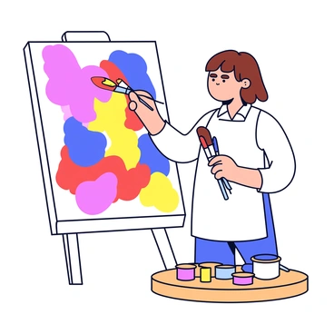 An artist with short brown hair is standing in front of a large canvas. The artist is holding a variety of brushes in one hand and is in the process of applying bright colors onto the canvas with swift, confident strokes. The canvas is filled with a range of colors, including bold reds, blues, and yellows, blending together to form an abstract design. The artist is wearing a white smock that has splashes of paint on it. Nearby, there are paint tubes scattered around on a wooden table.