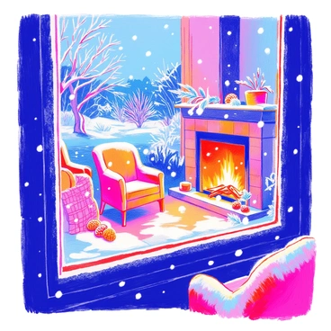 A snowy winter scene is visible through a window with frosty edges. Outside, large snowflakes are gently falling and accumulating on the ground, blanketing the landscape. In the foreground, the window frame is made of dark wood, and a few droplets of condensation cling to the glass. Inside the room, a fireplace is crackling with bright orange flames, casting a warm glow in the dim light. The mantle above the fireplace is decorated with pinecones and small evergreen branches. Comfortable armchairs can be seen nearby, with a soft, knitted blanket draped over one of them.
