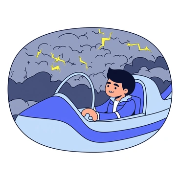 A young pilot navigating through a stormy sky filled with dynamic clouds and winds.
