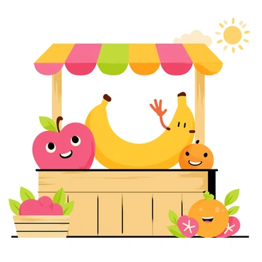 A vibrant roadside fruit stand made of wood with a colorful awning overhead. The stand is filled with oversized, cartoonish fruits, including a large, happy apple with big eyes and a broad smile, a cheerful banana with arms waving, and a playful orange with a beaming grin. The fruits are arranged neatly in baskets, and there are bright green leaves and small flowers surrounding them. A sunny sky is visible in the background, enhancing the cheerful atmosphere of the scene.