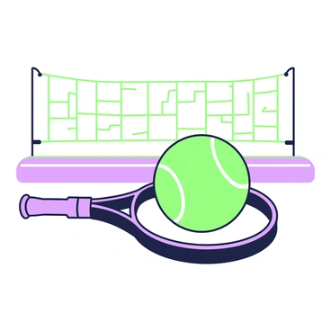 A tennis ball is resting on top of a tennis racket, positioned horizontally. The racket features a handle and a circular stringed area. In the background, there is a tennis net stretched across the scene, with its distinctive pattern visible. The court surface is partially seen beneath the racket, adding context to the setting. The scene captures a moment of stillness in the sport of tennis.