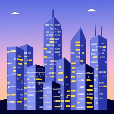 A city skyline featuring tall skyscrapers with glass windows that reflect the setting sun. The sky is a gradient transitioning from bright blue to deep purple as night approaches. Small white clouds are scattered across the sky. As evening falls, bright yellow and white lights begin to illuminate the buildings, creating a vibrant contrast against the darkening sky. Some buildings have glowing signs, while others have lights twinkling in windows, giving a lively feel to the scene.