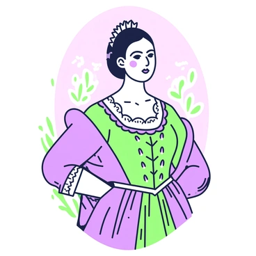 A noblewoman is depicted in a formal portrait, showcasing her elegant attire. She is wearing a richly detailed gown with intricate lacework and embellishments around the neckline. Her hair is styled in an elaborate manner, adorned with a small decorative headpiece. The background features soft, subtle elements that enhance the focus on her figure, while her expression conveys a sense of poise and dignity. The illustration captures delicate lines that emphasize the textures of her dress and the graceful contours of her face.