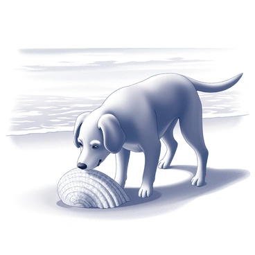 A dog at the beach, its nose sniffing a seashell in the sand