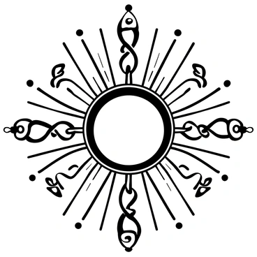 A large sunburst with intricate rays extending outward, featuring flowing, ornamental shapes typical of Art Nouveau design. The rays are elegantly curved and detailed with floral patterns, intertwining leaves, and spirals. The center of the sunburst is a bold circular shape, surrounded by smaller, decorative elements that enhance the ornate look. The overall composition is symmetrical, showcasing the harmony between the sunburst and the surrounding ornamental details.