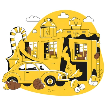 A cartoon car with a shiny yellow body and black wheels is driving through the entrance of a whimsical chocolate factory. The factory features large windows displaying a variety of colorful sweets. Inside, there are conveyor belts moving along with chocolate bars, lollipops, and gummy candies. The car appears excited as it navigates past giant chocolate fountains and candy-making machines. Above the conveyor belts, there are playful decorations, including oversized candy canes and marshmallow clouds. The atmosphere is lively, filled with imaginative details and fun elements.