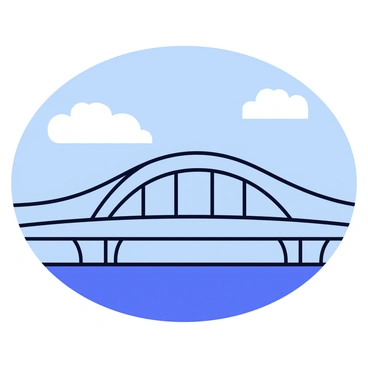 A bridge with a unique architectural design that features a series of twisting and curving elements. The structure is made of sleek steel and glass, creating a modern appearance. From a specific viewpoint, the arrangement of the bridge's layers creates an optical illusion, giving the impression of a twisting motion. Surrounding the bridge is a clear blue sky with a few fluffy white clouds, enhancing the visual effect. The bridge spans over a calm body of water that reflects its intricate design.