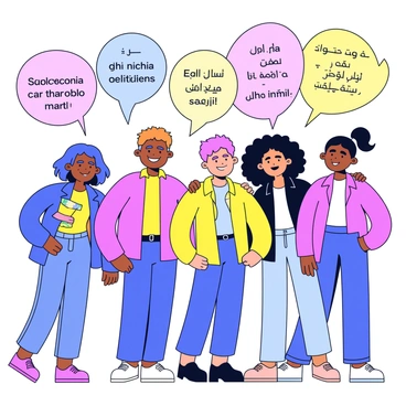 A group of diverse people standing together, each with a cheerful expression. They vary in appearance, with different skin tones, hairstyles, and clothing styles. Above them are multiple speech bubbles filled with text in various languages, including English, Spanish, Mandarin, and Arabic. The speech bubbles are colorful and vary in size, creating a lively atmosphere. The background is simple and unobtrusive, allowing the focus to remain on the group and their speech bubbles.
