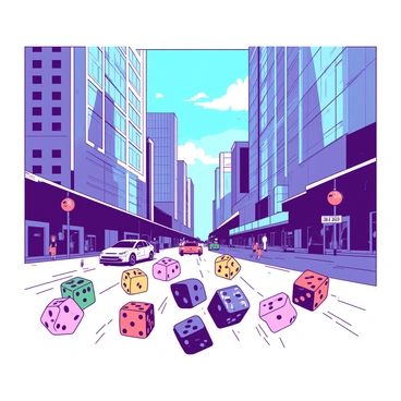 A collection of colorful dice in various sizes is scattered across a busy city street. The dice are positioned at different angles, some showing numbers on their faces. In the background, tall skyscrapers rise into the sky, showcasing modern architectural designs. The buildings reflect sunlight, enhancing their presence against a clear blue sky. The street is lined with bustling pedestrians, and a few cars can be seen driving by.