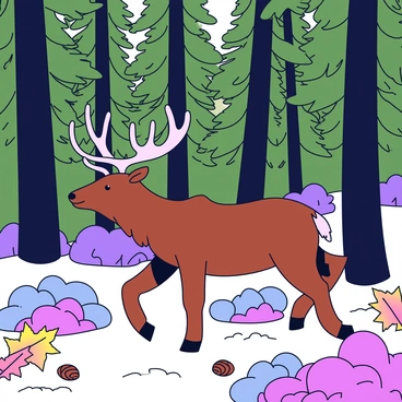 An elk with a large set of antlers is walking through a dense coniferous forest. The elk's brown fur contrasts with the rich hues of autumn leaves scattered on the forest floor. Tall conifer trees surround the elk, their dark green needles providing a striking backdrop. Sunlight filters through the tree branches, creating dappled light patterns on the ground. A few fallen pine cones and patches of moss are visible among the underbrush.
