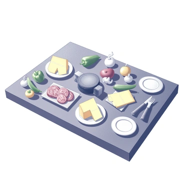 A wooden tabletop is set with an arrangement of raclette cheese, sliced into thick wedges. Fresh vegetables, including bell peppers, zucchini, and mushrooms, are neatly placed alongside the cheese. Several types of cured meats like prosciutto and salami are artfully arranged on a platter. There is a small grill or cooking apparatus in the center of the spread, ready for use. Additionally, utensils and plates are scattered around, indicating a casual gathering for a meal.